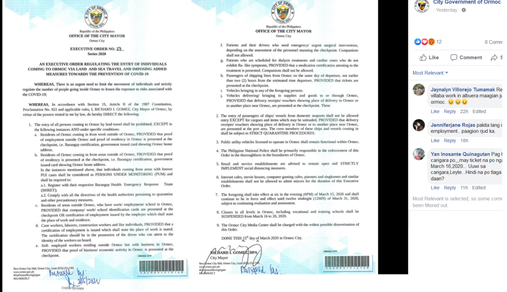 Ormoc EO Re: Covid19